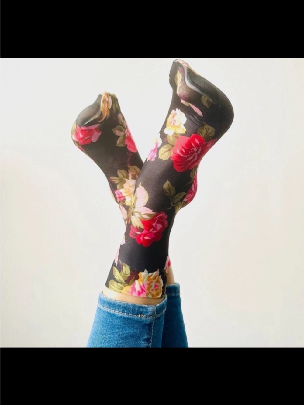 Sockette “Romy” Floral Sheer Black Socks with Red & Pink Roses.